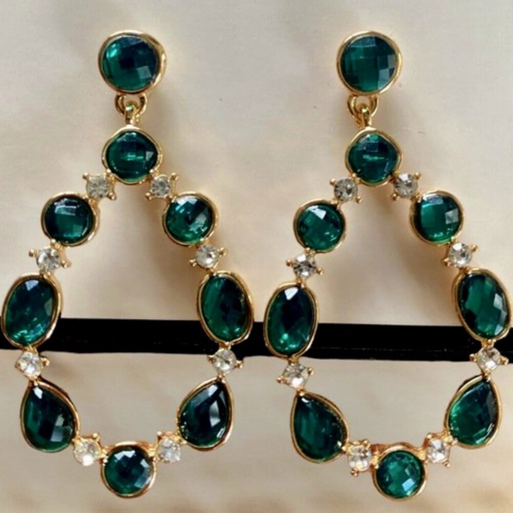 NAPIER Mod/Contemporary Gold Green & Clear Crystal Open Teardrop Earrings**NEW!